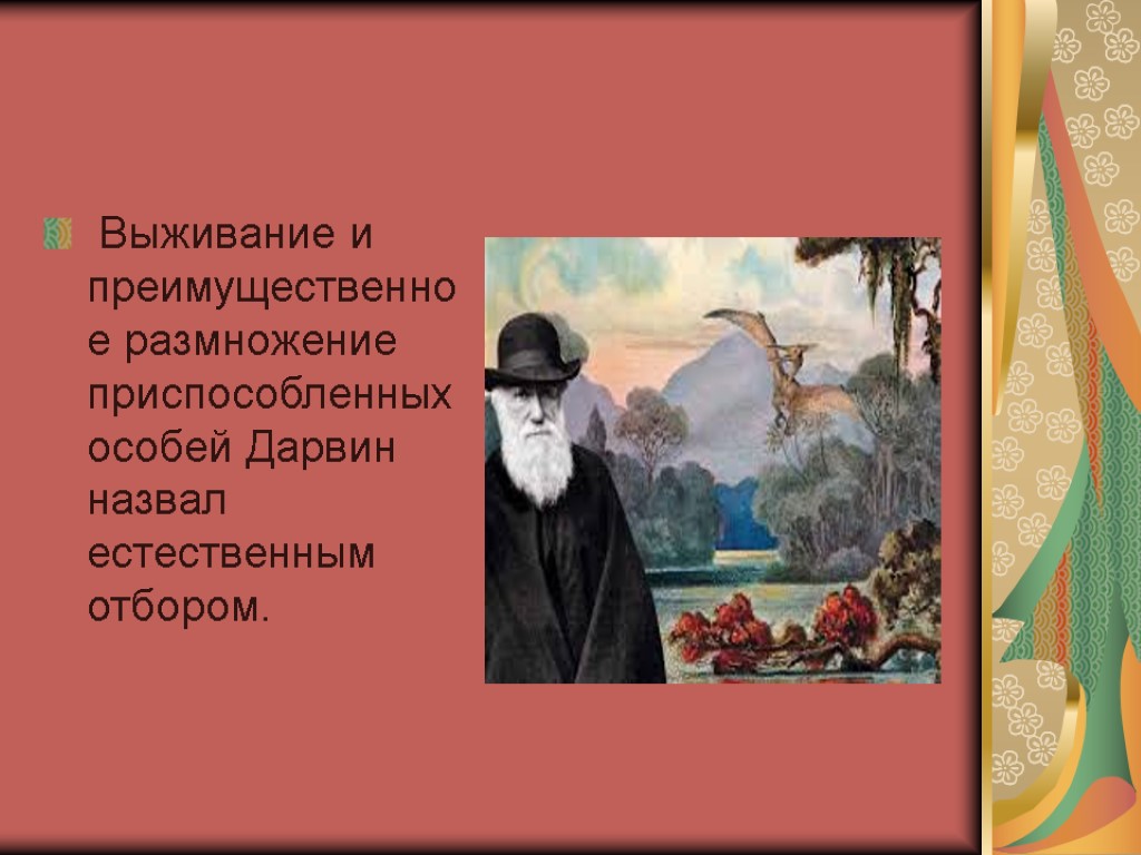 Выживание и преимущественное размножение приспособленных особей Дарвин назвал естественным отбором.